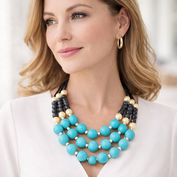 Avon Jewelry - Vintage Avon Turquoise Black Pearl Silver Bead ed 10" Drop Layered Necklace